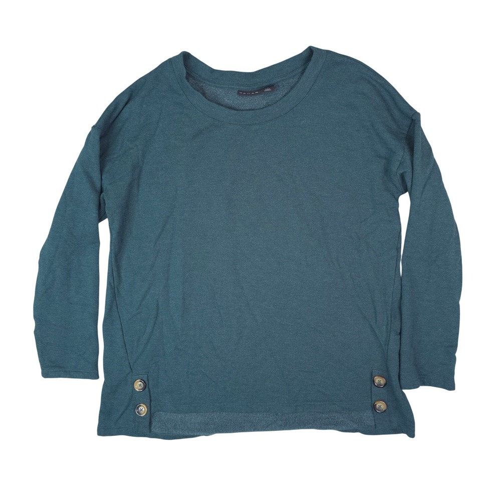 Tahari Sweatshirt Women XL Green Side Button Crew Neck Drop Shoulder Fleece